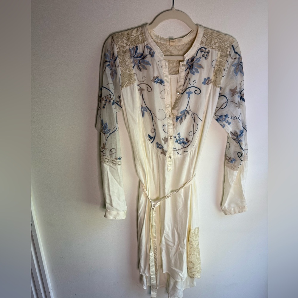 Anthropologie Cream and Blue Embroidered Long Sleeve Dress